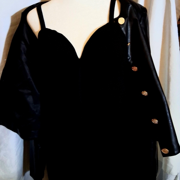FRENCH CHIC! Black Faux Leather Gold Button Jacket Stretch Crepe Corset Jumpsuit - Picture 1 of 12